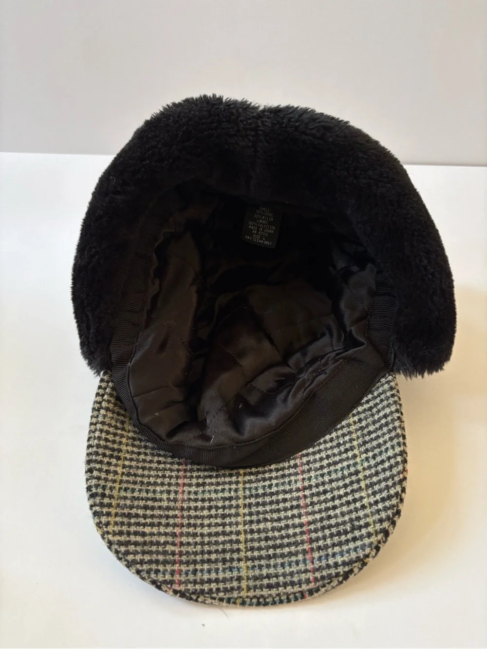 Weatherproof Wool Elmer Fudd Cap Hat L Black Grey Ear Flaps Trapper Houndstooth